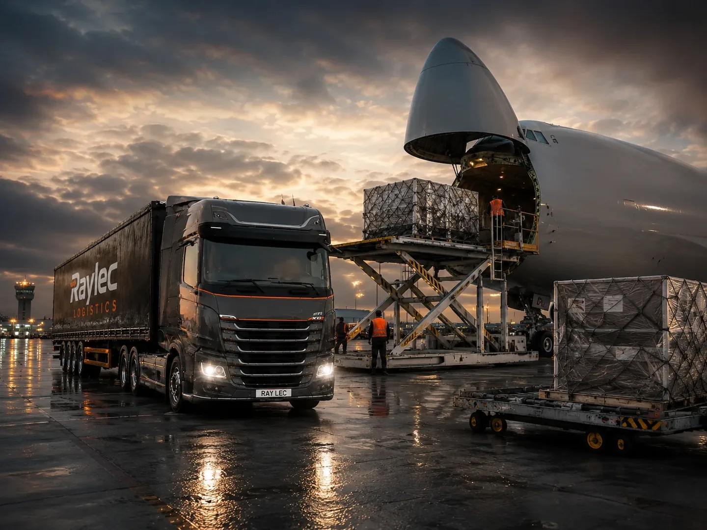 Freight being loaded alongside a cargo aircraft