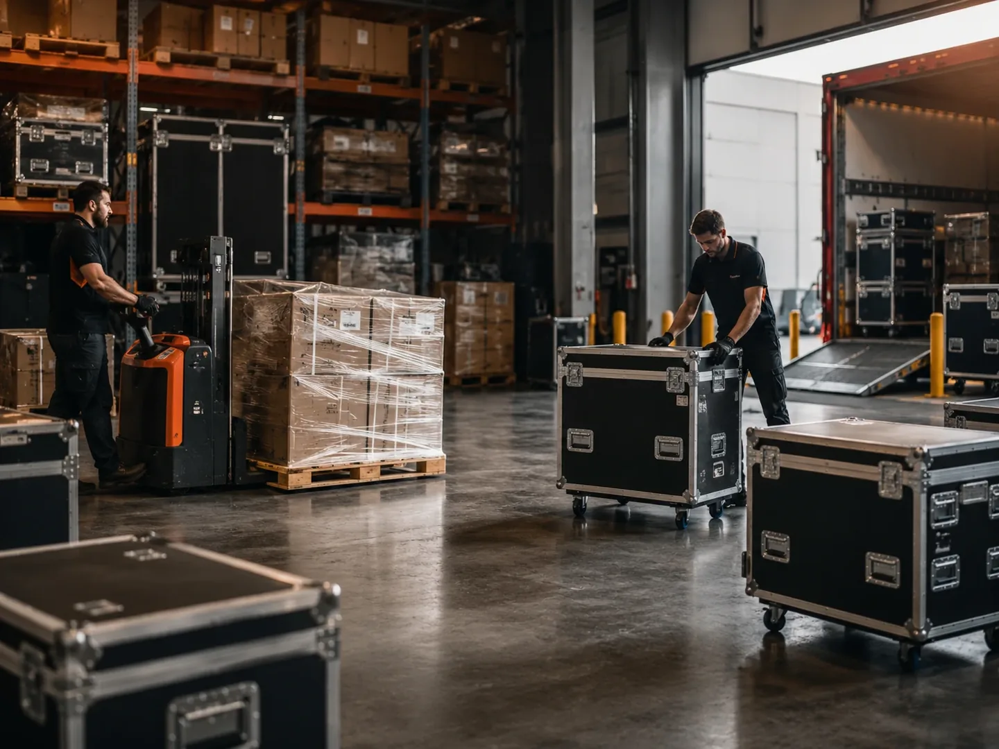 Warehouse scene with staff moving flight cases and a forklift handling event equipment